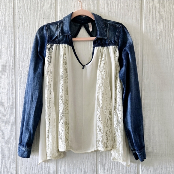 Free People Tops - Free People Boho Western Denim Chiffon Lace V Neck Keyhole Longsleeve Medium
